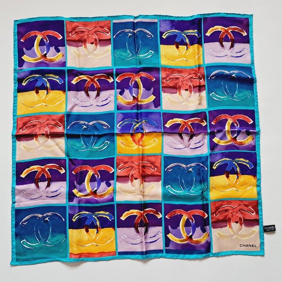 NEW Chanel CC Logo 100% Silk Multicolor Scarf 26" x 26" - Picture 8 of 11